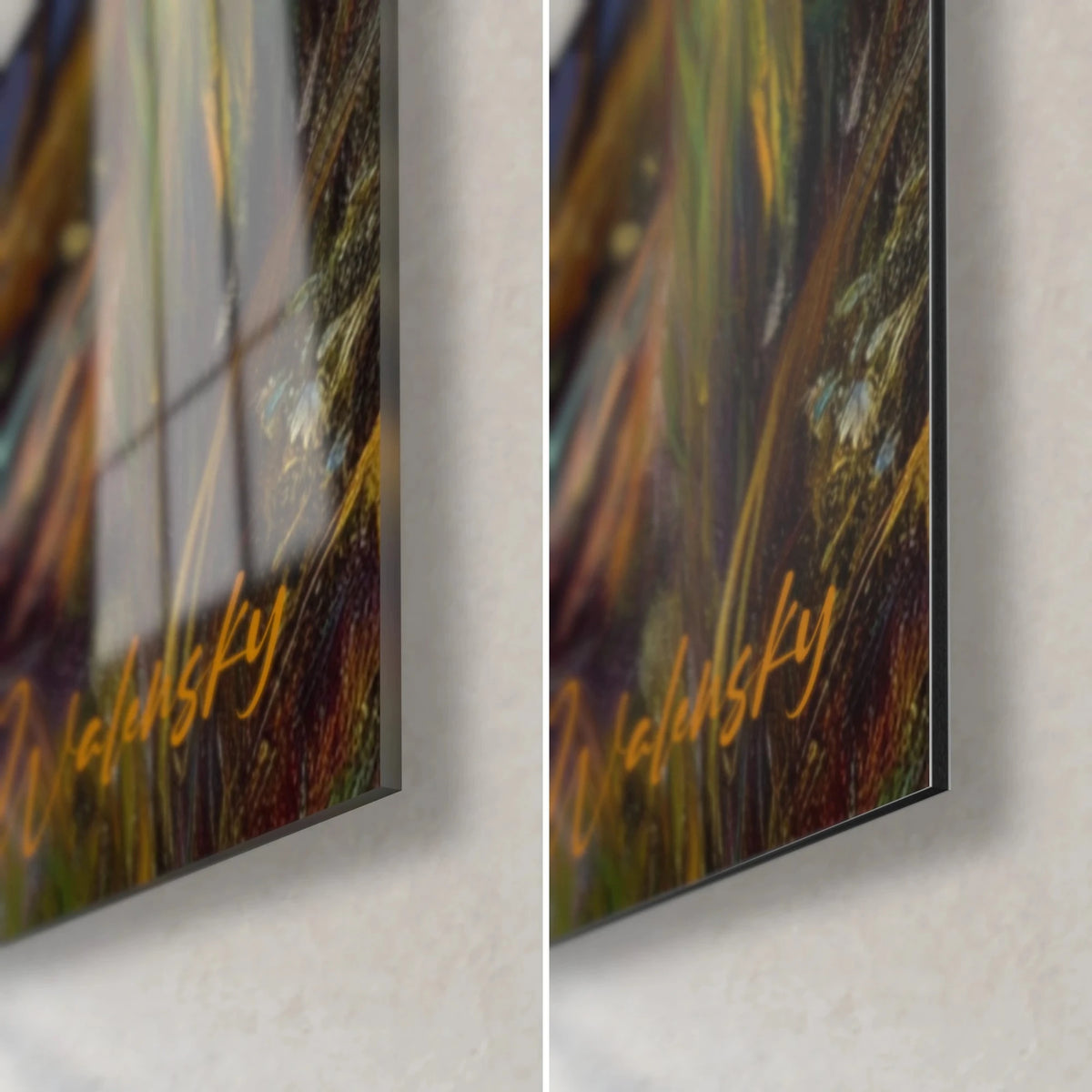 Wall art savanna tree with thick brushstrokes, olive green grasses and midnight blue sky, lower right corner in glossy glass and matte Dibond