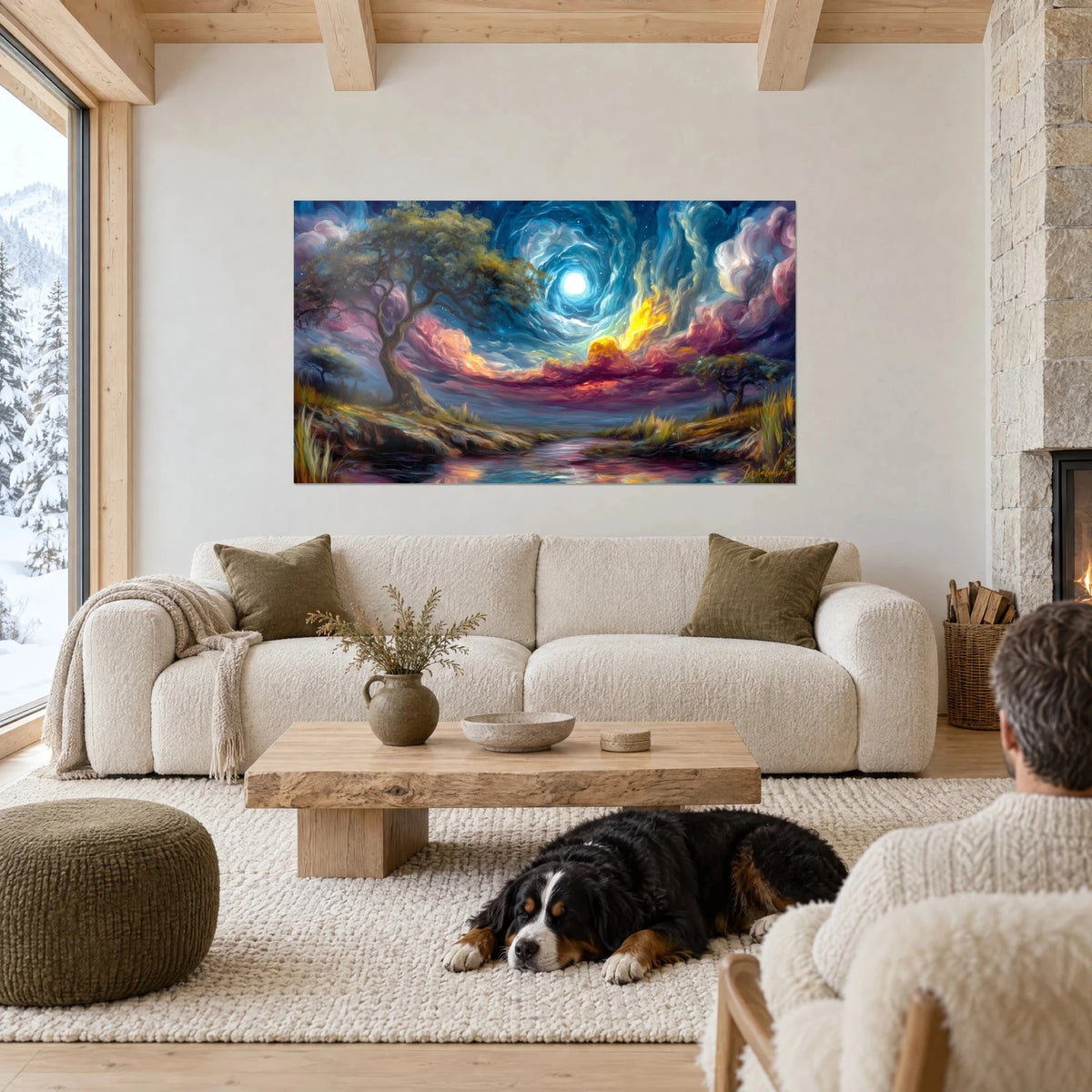 Wall art twisted baobab under a swirling turquoise moon, pink and gold skies, reclining dog, above a sofa in a bright living room
