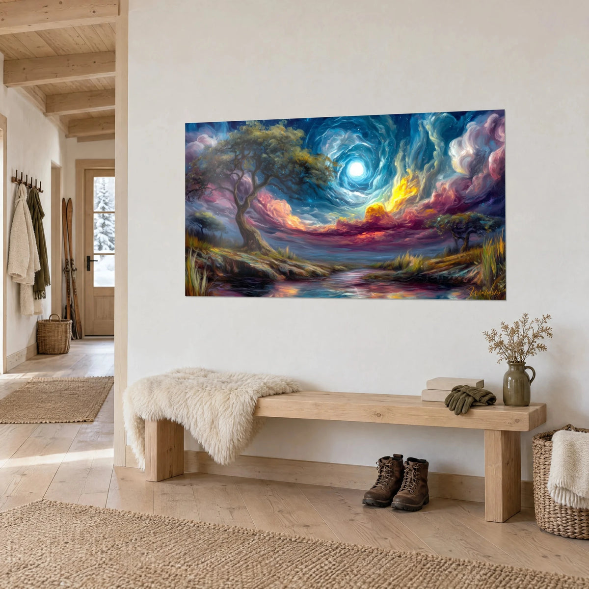 Wall art gnarled savanna acacia, magenta and saffron yellow clouds around a blue celestial body, three-quarter view in a light chalet