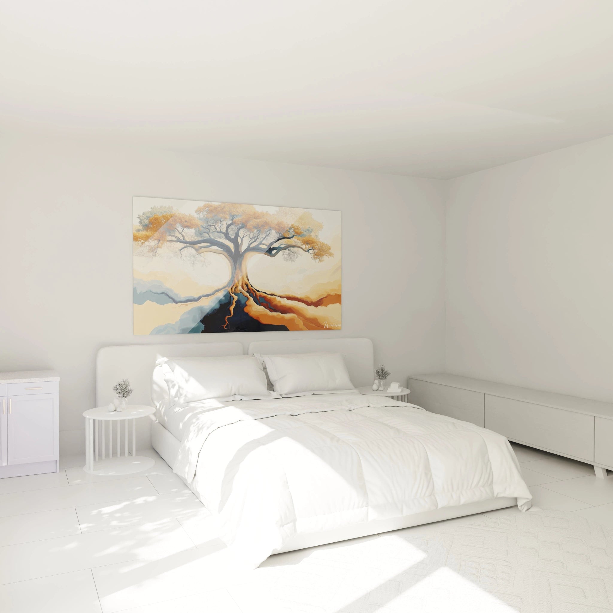 Un tableau baobab nature montrant un arbre central avec un tronc foncé et des feuillages orangés, dans une composition abstraite aux tons or, bleu profond et beige, avec des formes ondulées.


