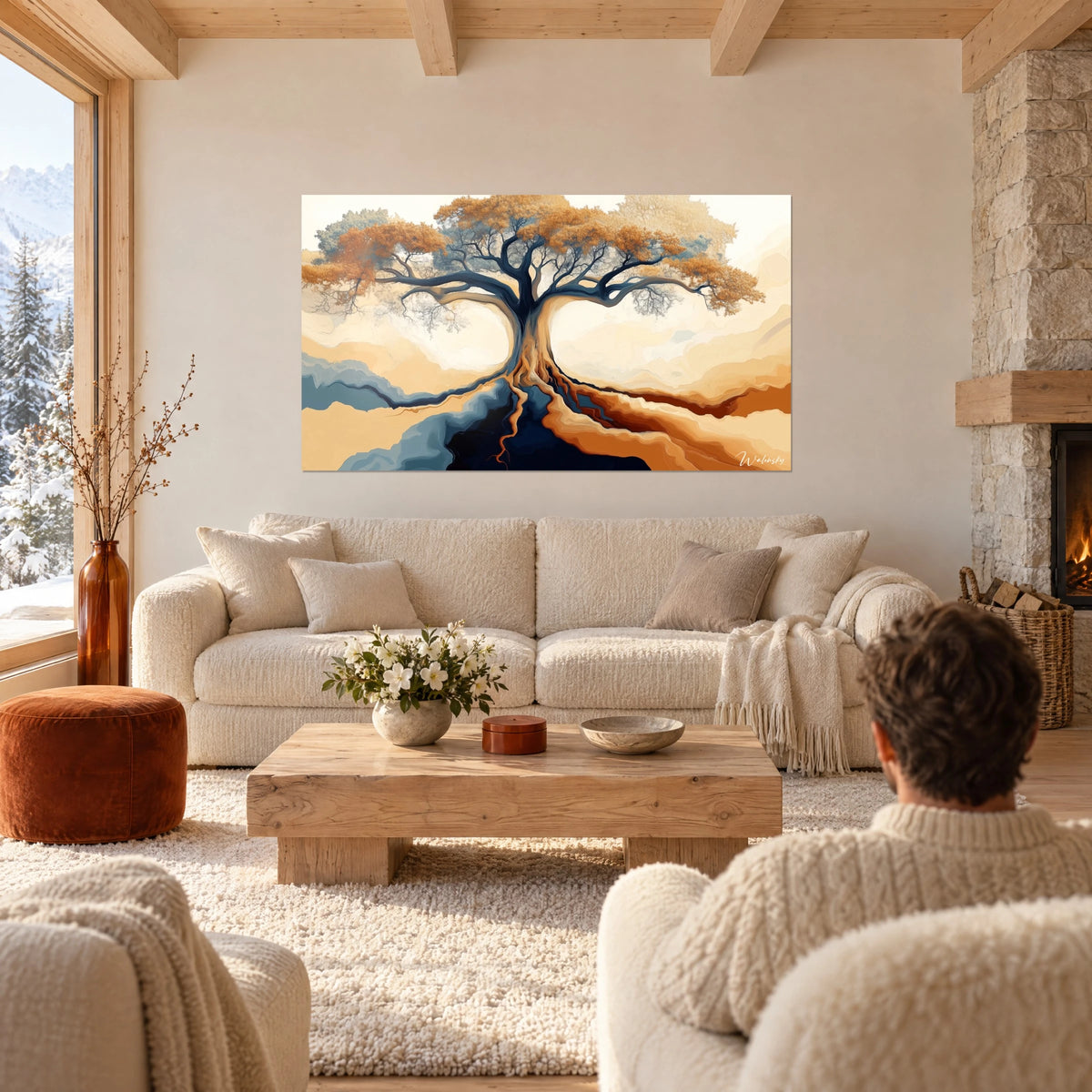 Πίνακας baobab με ώχρα φύλλα σε κρεμ και σχιστολιθί φόντο, δύο άνθρωποι από πίσω, πάνω από καναπέ σε φωτεινό σαλόνι