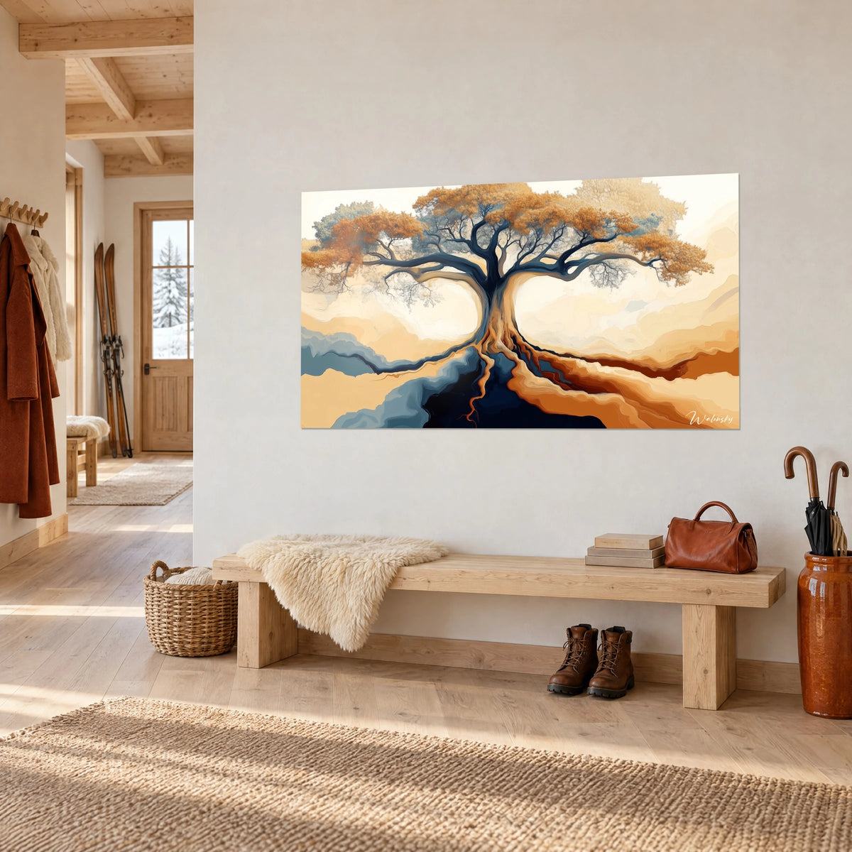 Tableau arbre immense à tronc ardoise et racines orangées étalées en vagues, sur un mur blanc au-dessus d'un banc en bois clair
