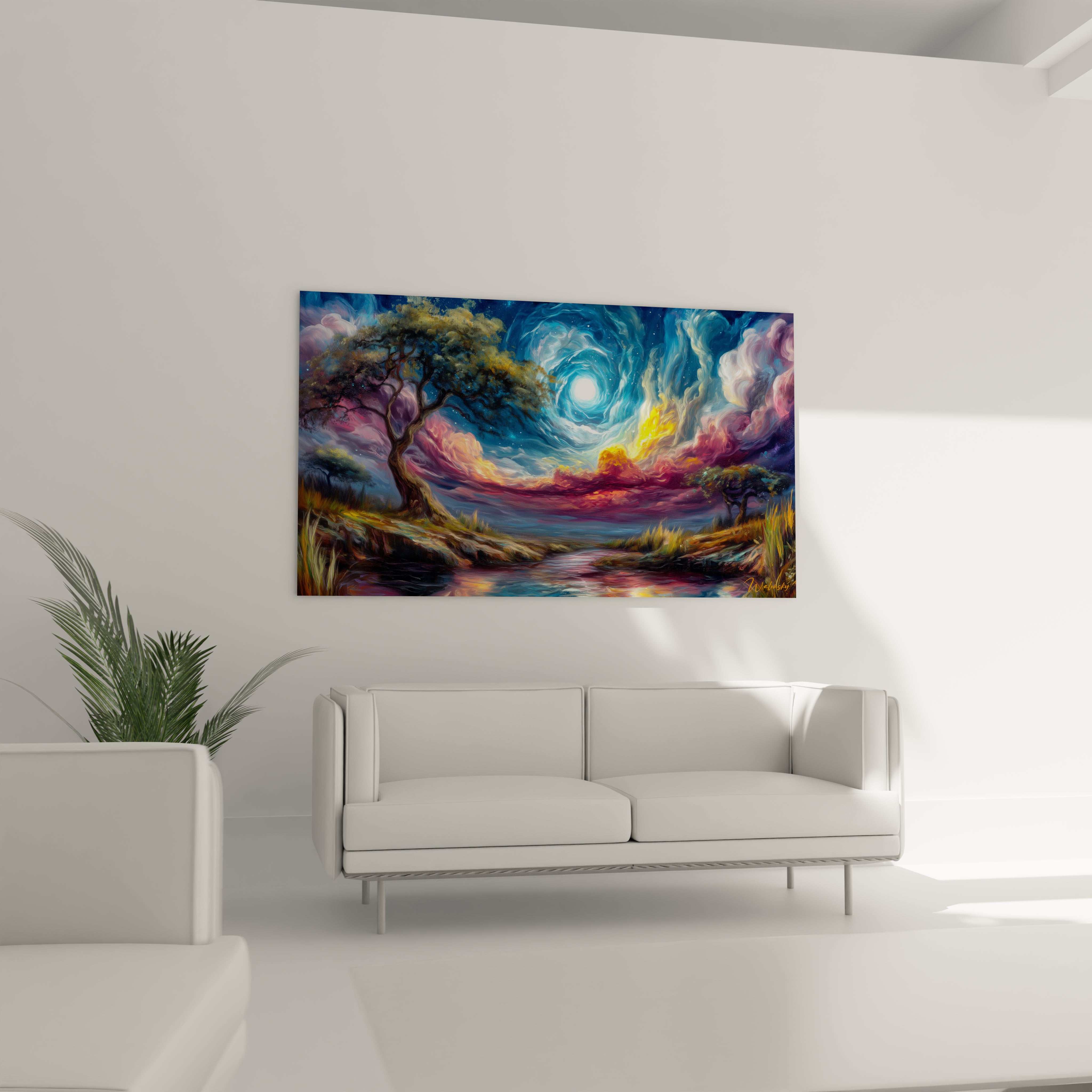 Tableau mural baobab paysage africain avec des couleurs vibrantes et des nuages artistiques