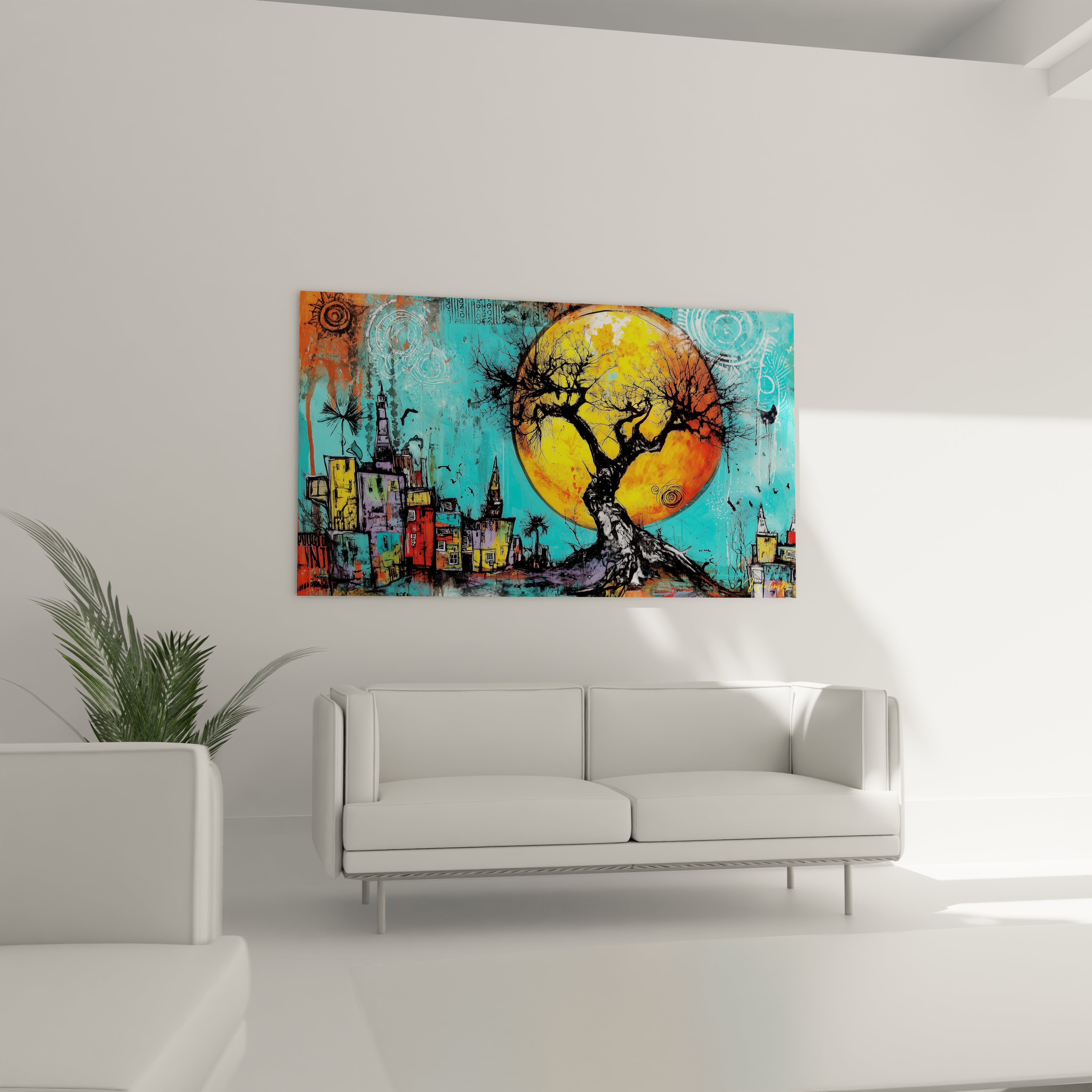 Tableau mural baobab paysage africain avec une grande lune et une ville colorée en arrière-plan