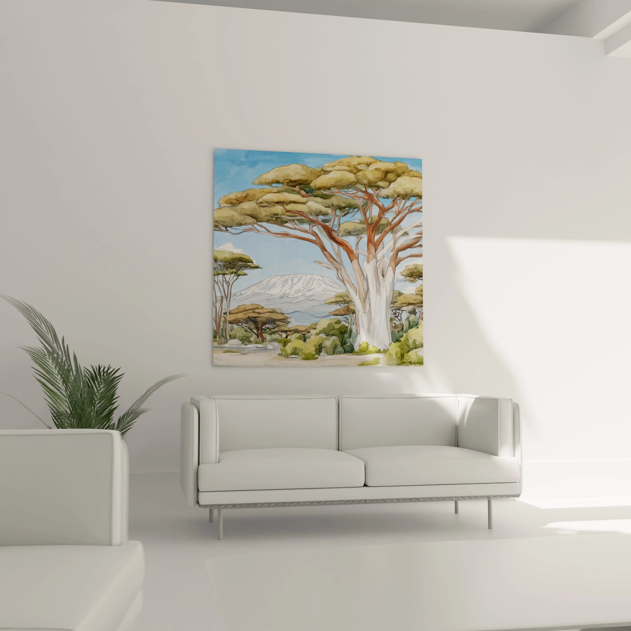 Tableau mural baobab africain de Walensky sur un mur blanc dans un salon moderne