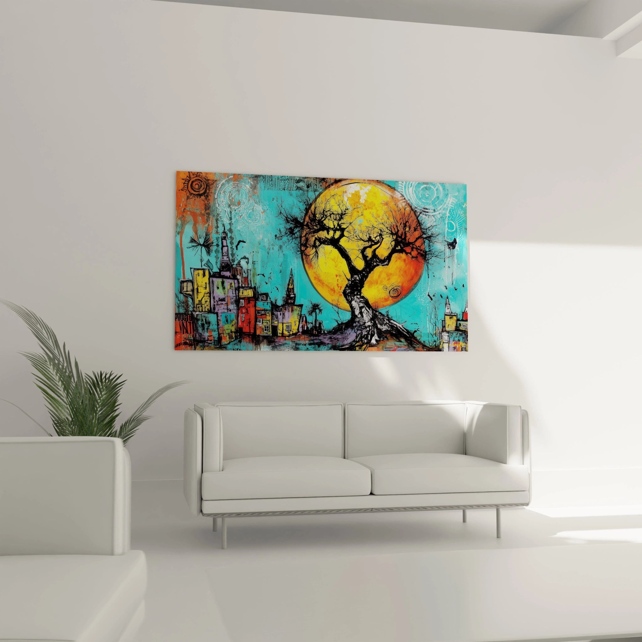 Tableau mural baobab paysage africain avec une grande lune et une ville colorée en arrière-plan