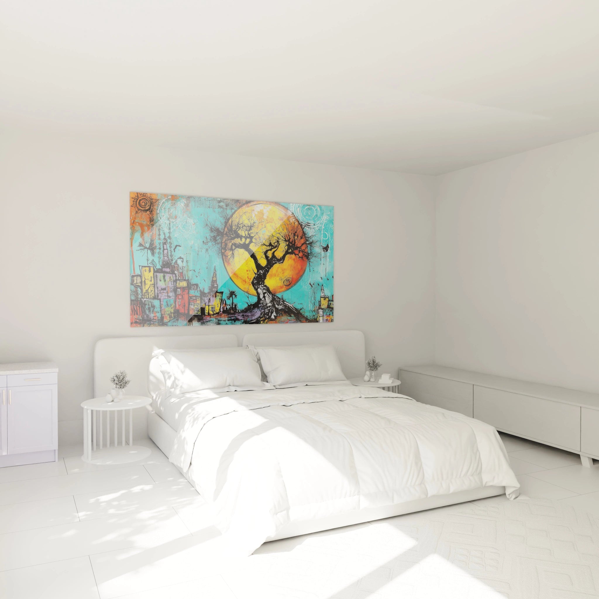 Tableau mural baobab paysage africain coloré dans une chambre moderne avec lit blanc
