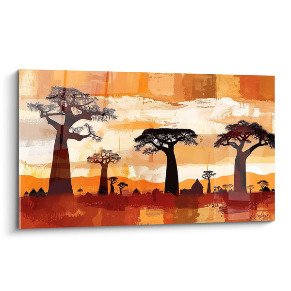 Schilderij Baobabs en Zonsondergang in Oranje Tinten - Goudkleurige Savanne - Editie Afrikaanse Landschappen