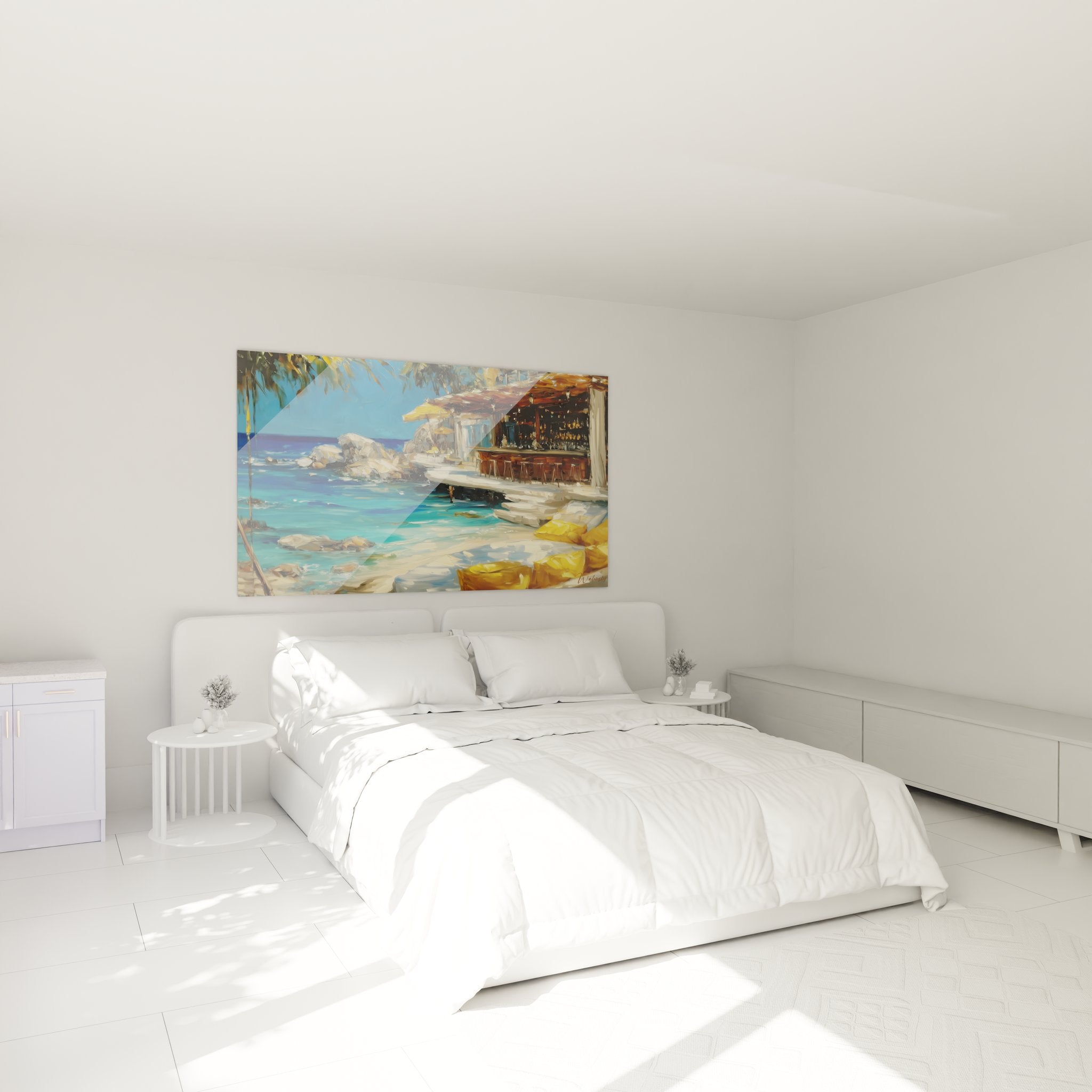 Ambiance chambre avec tableau bar plage méditerranéen eaux turquoise décoration murale tropicale zen