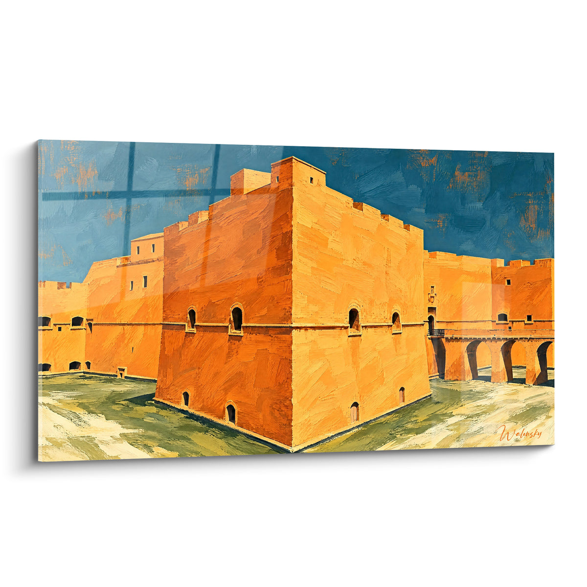 Tableau château fort ocre et bleu nuit, murailles massives aux fenêtres en arc et ciel texturé