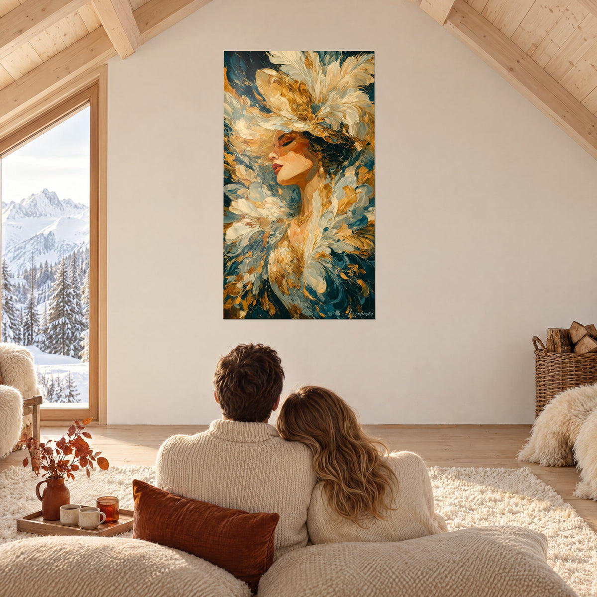 Cuadro elegante mujer con plumas blancas y doradas en el pelo, fondo azul petróleo, chalet bajo los tejados frente a las montañas