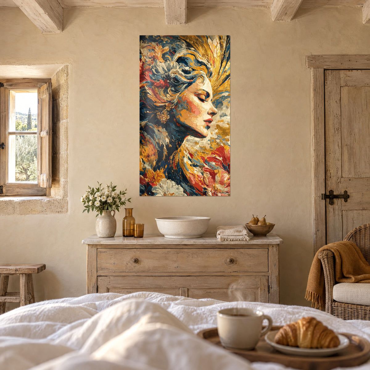 Cuadro musa de cabellera ondulada azul y dorada, flores coral en el pelo, encima de una cama en un dormitorio luminoso