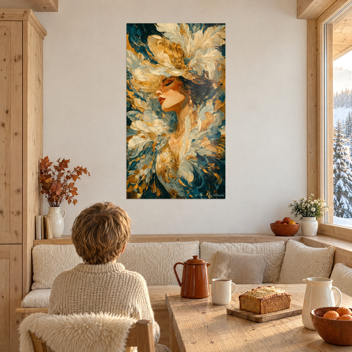 Cuadro retrato femenino en pintura con espátula, plumas beige y doradas, azul profundo, salón de madera junto a la ventana