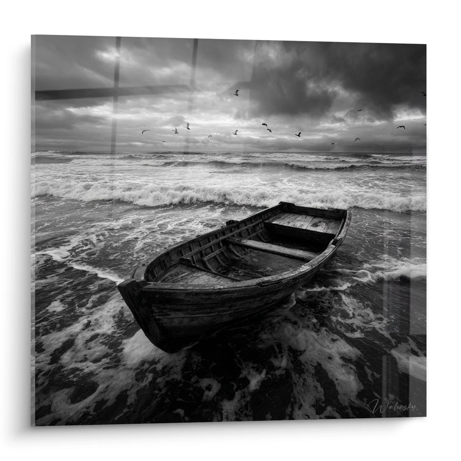 Tableau barque échouée sur plage - Solitude Maritime - Edition paysage noir et blanc