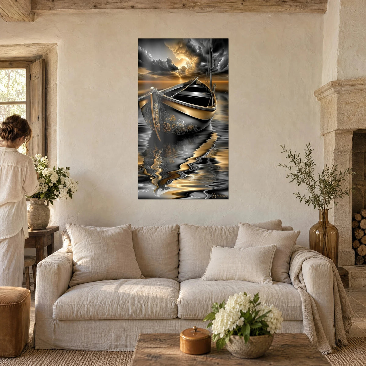Wall art ornate boat with gold trim, black and ochre clouds, golden reflections; above a sofa in a bright living room