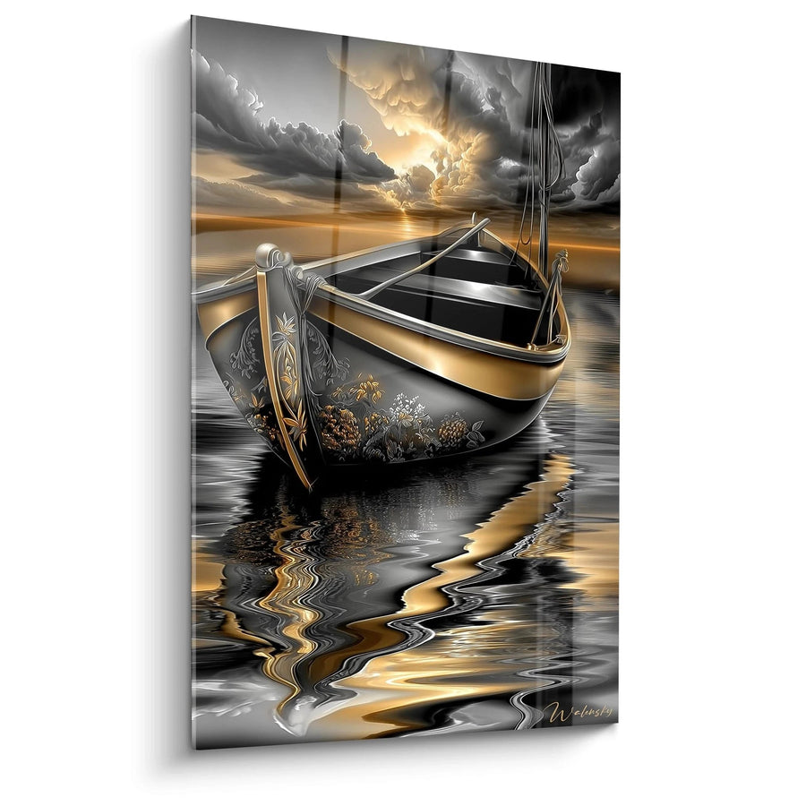 Tableau barque ornementée - Reflets dorés sur l'eau - édition l'or noir