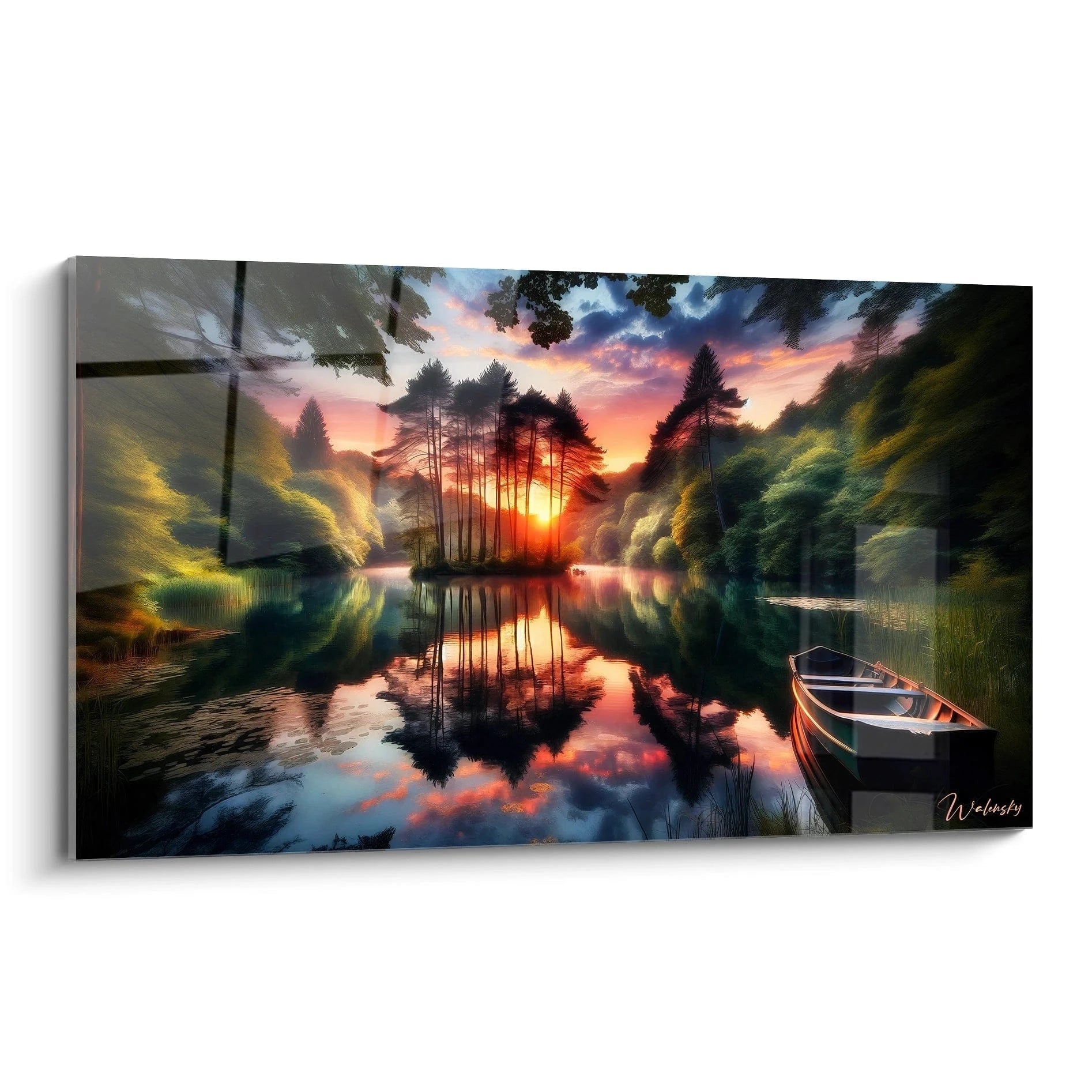 Tableau paysage représentant un lac entouré de forêts, avec un coucher de soleil, une barque immobile et des reflets colorés dans l’eau, en tons verts, orangés et bleus.

