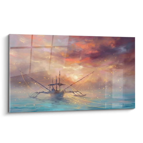 Fishing Boat at Golden and Purple Sunset Wall Art - River Serenity - River Fishing Edition