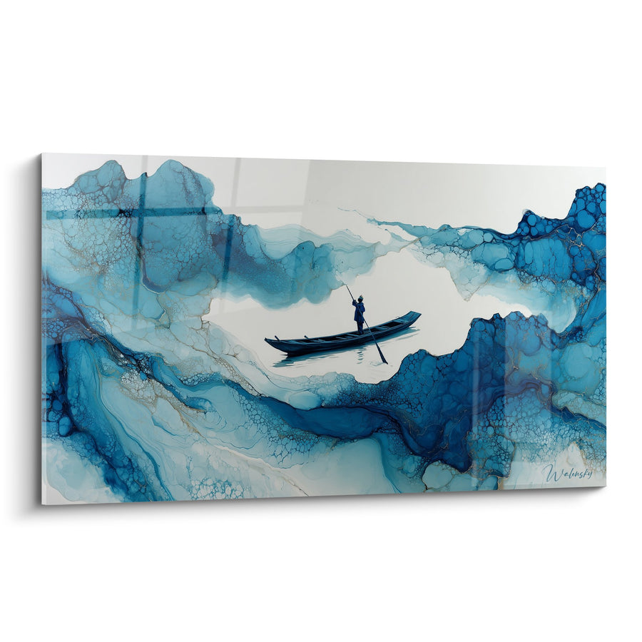 Tableau Barque Solitaire dans Paysage Aquatique Bleu - Sérénité des Eaux - Edition Feng shui Nord Eau