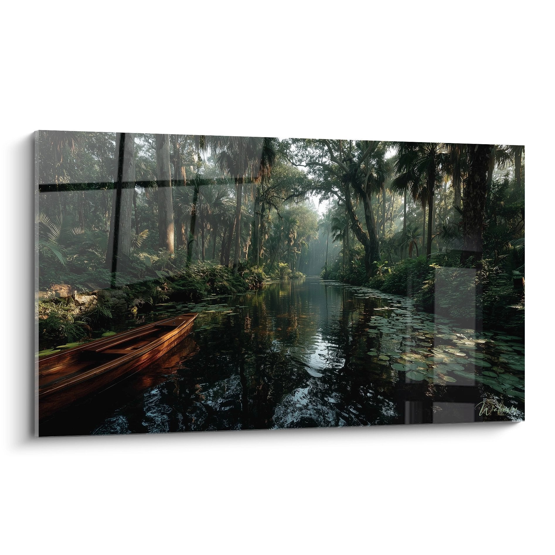 Tableau barque tropicale sur rivière dans forêt luxuriante avec palmiers et lumière filtrée