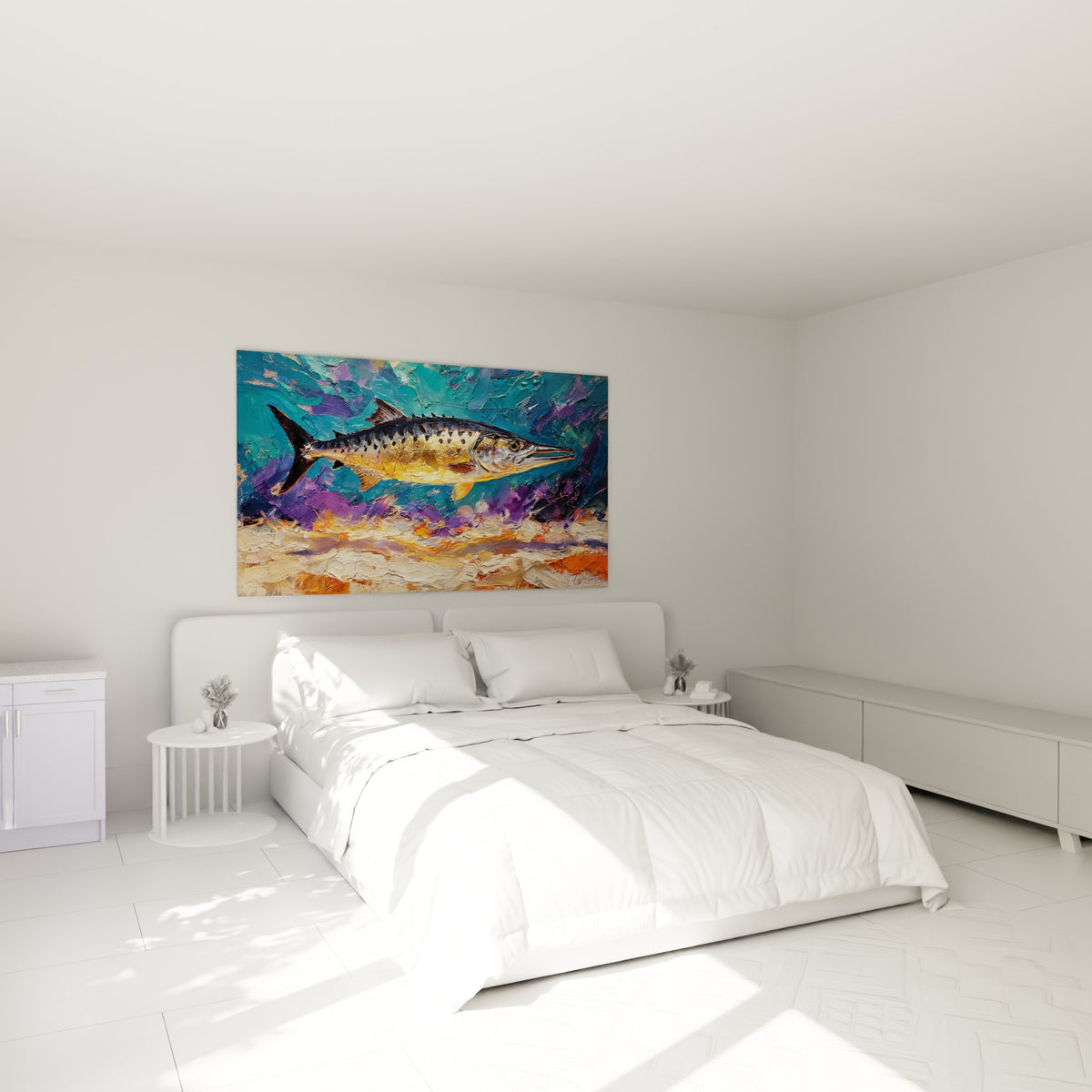 Silhouette de barracuda doré et anthracite au-dessus d'un lit dans une chambre claire