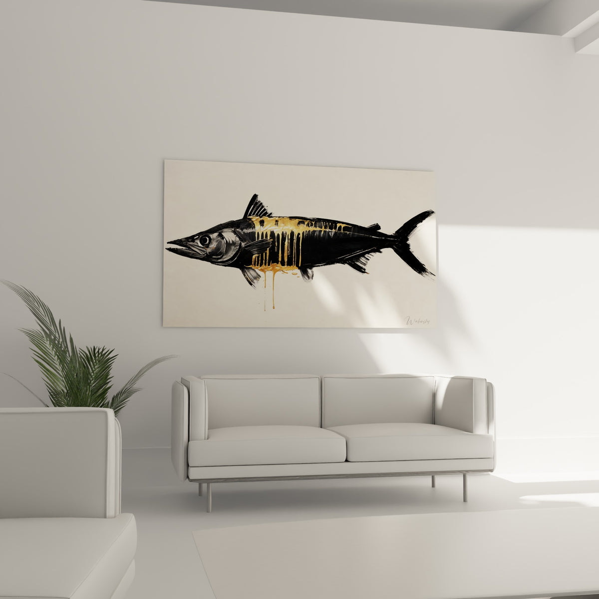 Silhouette de barracuda anthracite striée d'or, au-dessus d'un canapé dans un salon lumineux