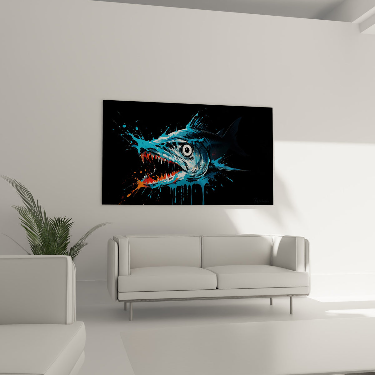 Poisson barracuda anthracite et turquoise à l'œil fixe, suspendu au-dessus d'un canapé dans un salon lumineux