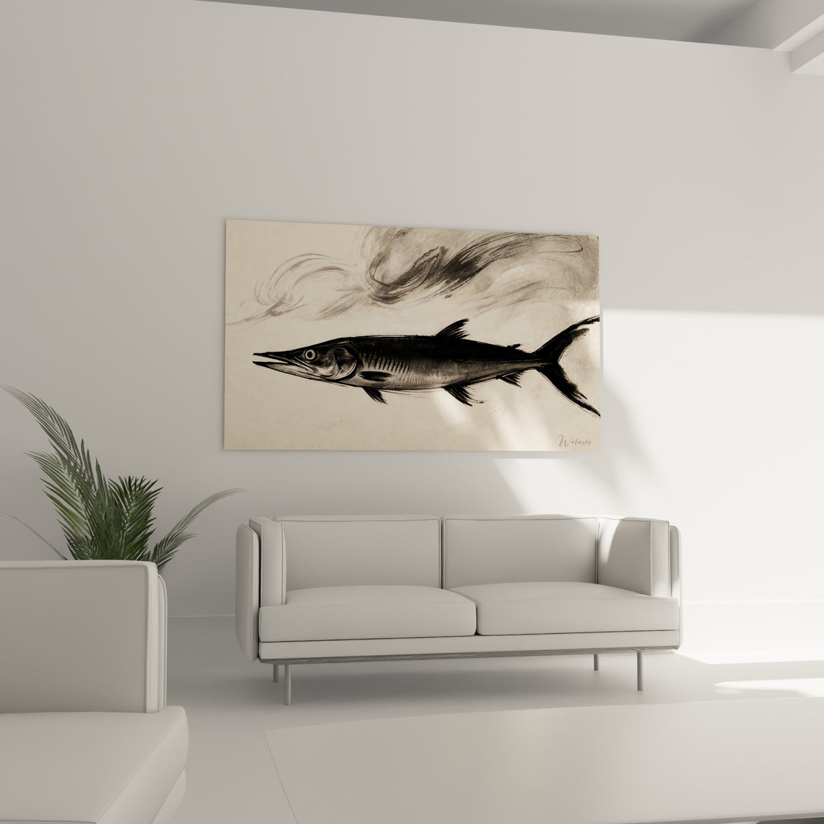 Silhouette de barracuda noir et ivoire, nageoires hérissées, au-dessus d'un canapé dans un salon lumineux