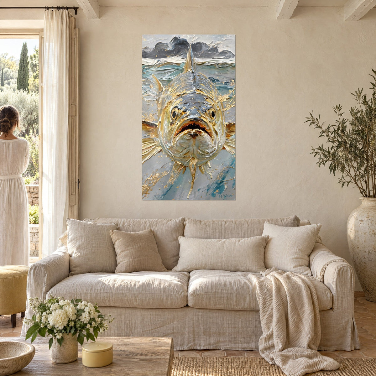 Wall art silver fish with round eyes, steel-grey scales and golden reflections, above a sofa in a bright living room