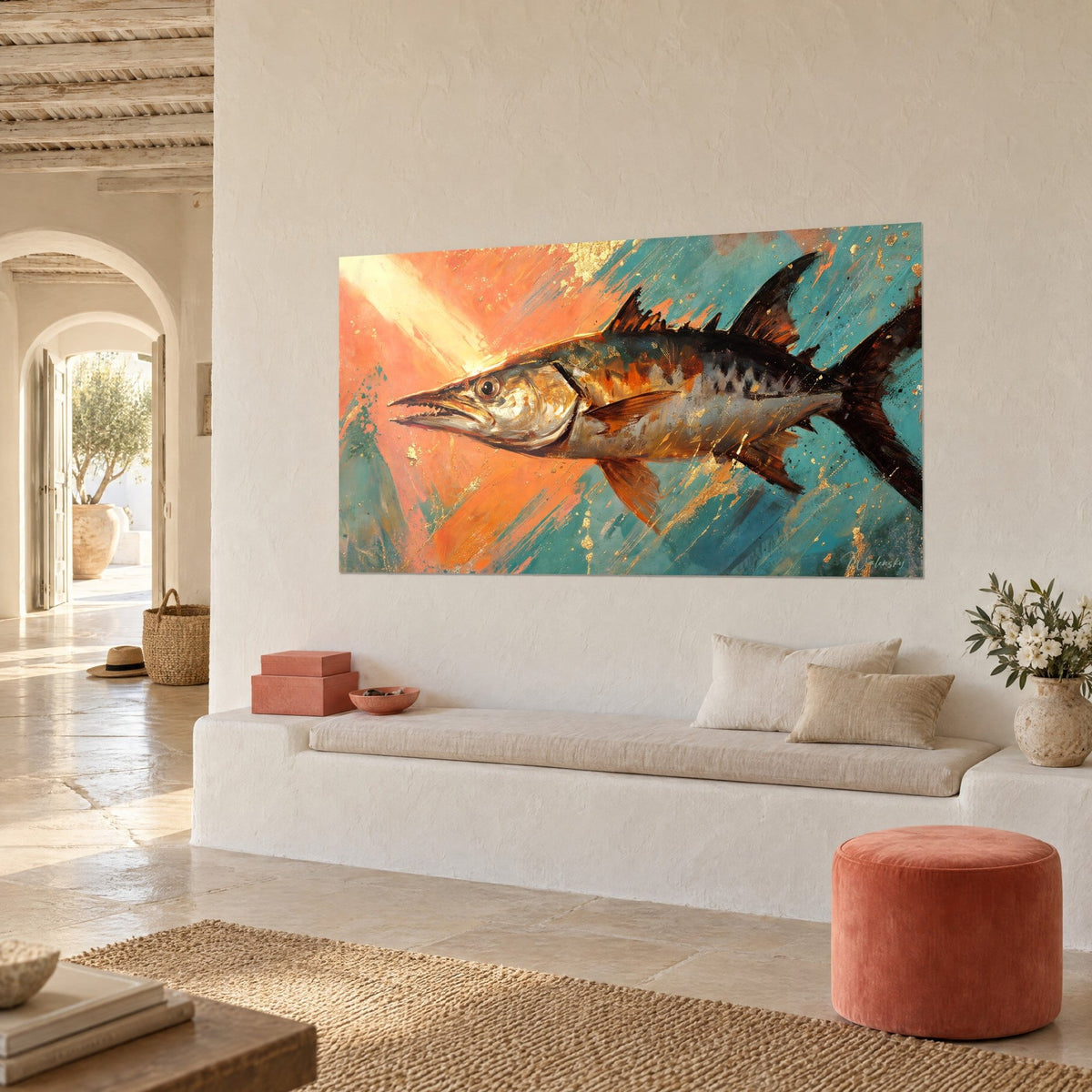 Wall art of a fish with copper-coloured fins mid-chase, vivid orange and turquoise, three-quarter view on a cream wall