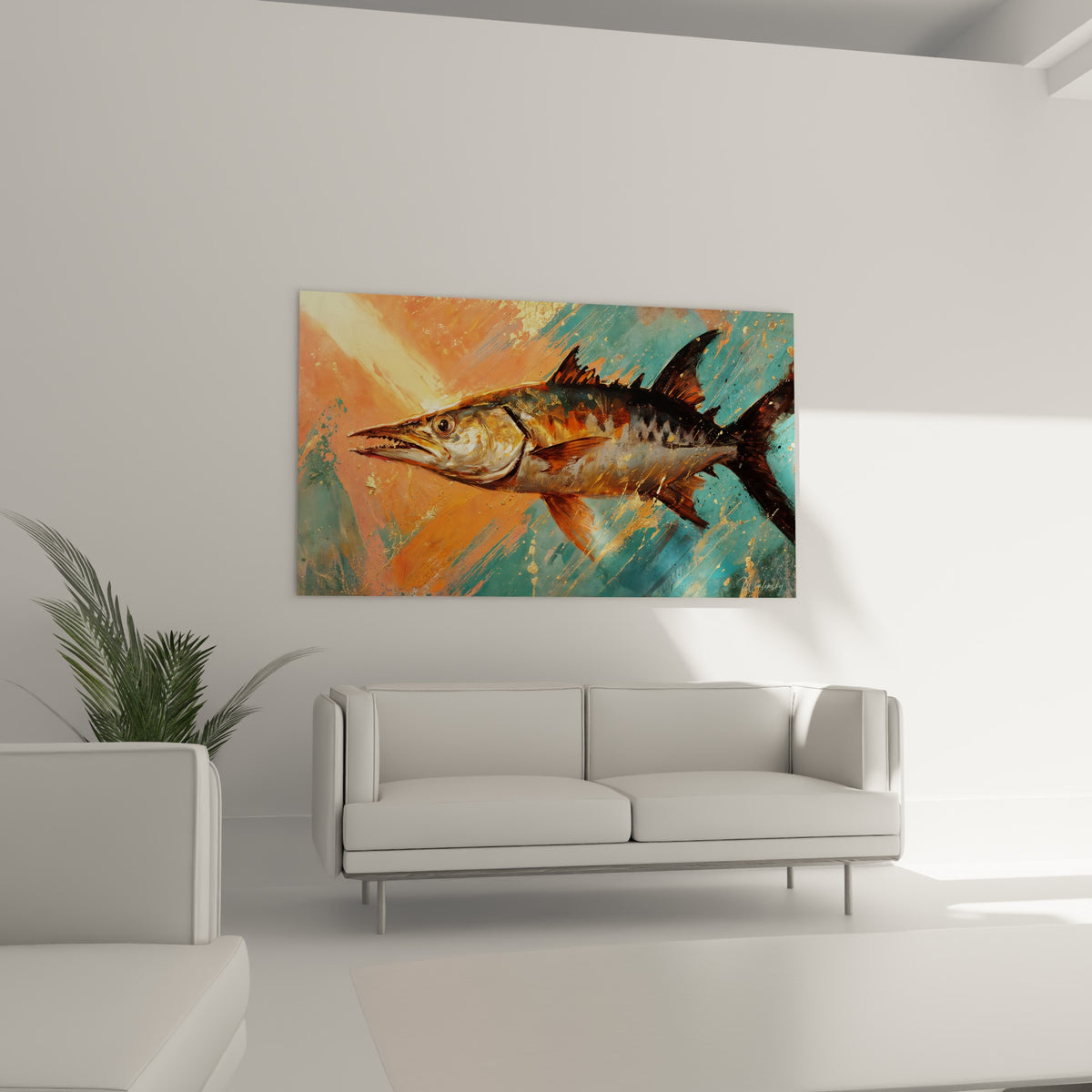 Barracuda argenté aux nageoires anthracite, accroché au-dessus d'un canapé dans un salon lumineux.