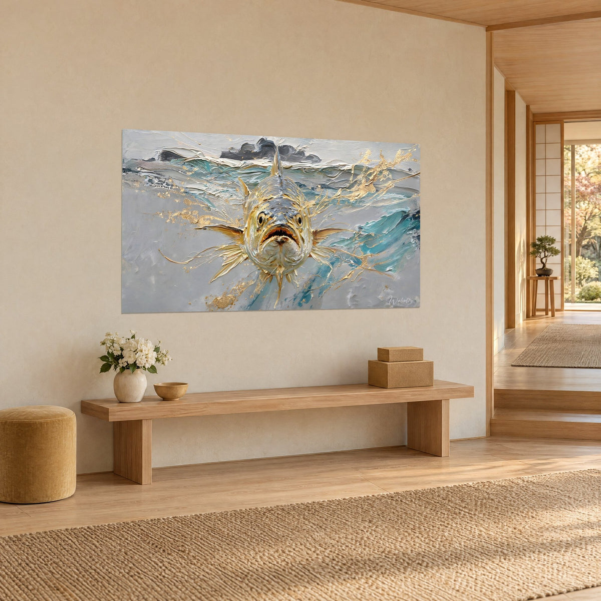 Quadro di barracuda dalle scaglie dorate spesse, bocca aperta su sfondo grigio e turchese, visto di tre quarti sopra una panca di legno