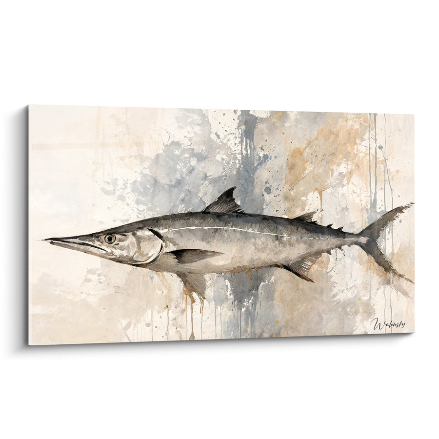 Tableau Barracuda gris et beige sur fond aquarelle - Fossile aquatique - Edition Barracuda