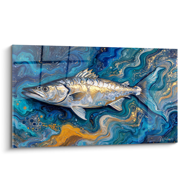 Tableau Barracuda argenté aux volutes bleu et or - Dérive abyssale - Edition Barracuda