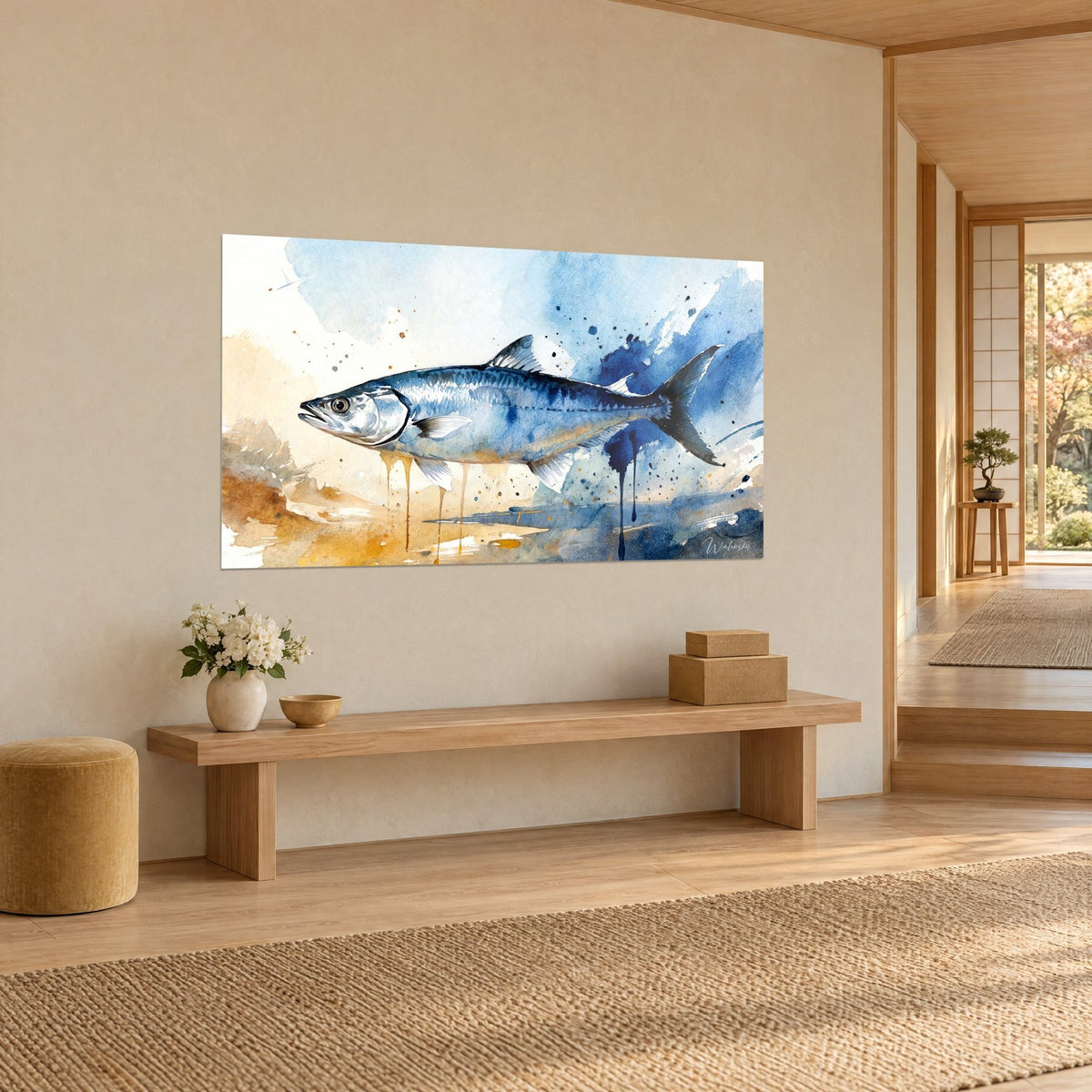Wall art predatory fish in watercolor, indigo back and mother-of-pearl belly on a golden sand background, three-quarter view in a wood-paneled hallway
