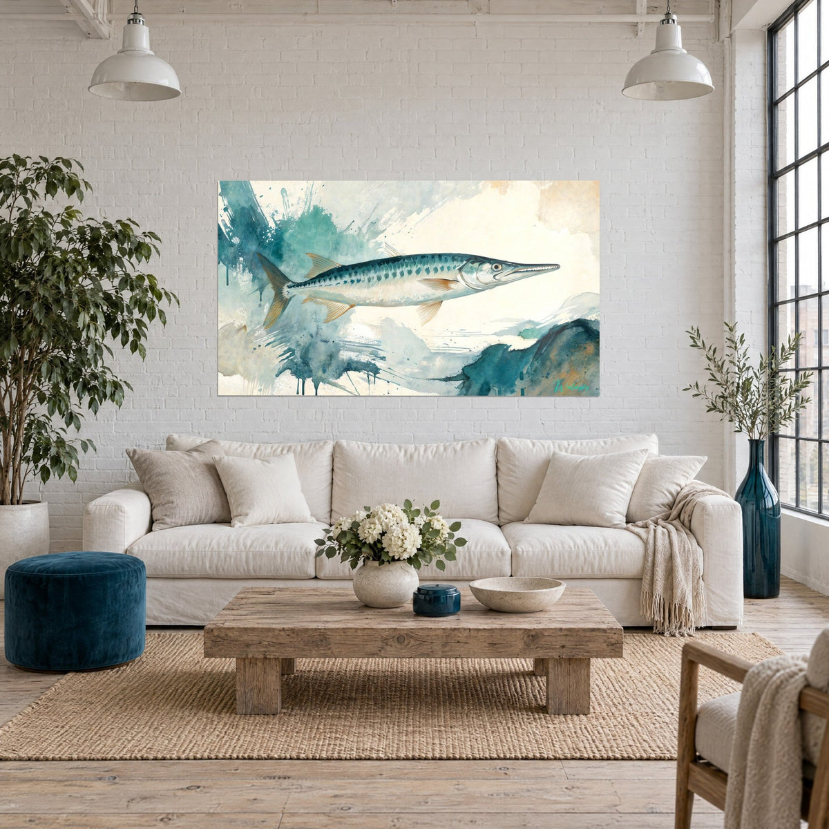 Wall art of a silver barracuda with amber fins on a turquoise and ivory background, hung above a sofa in a bright living room
