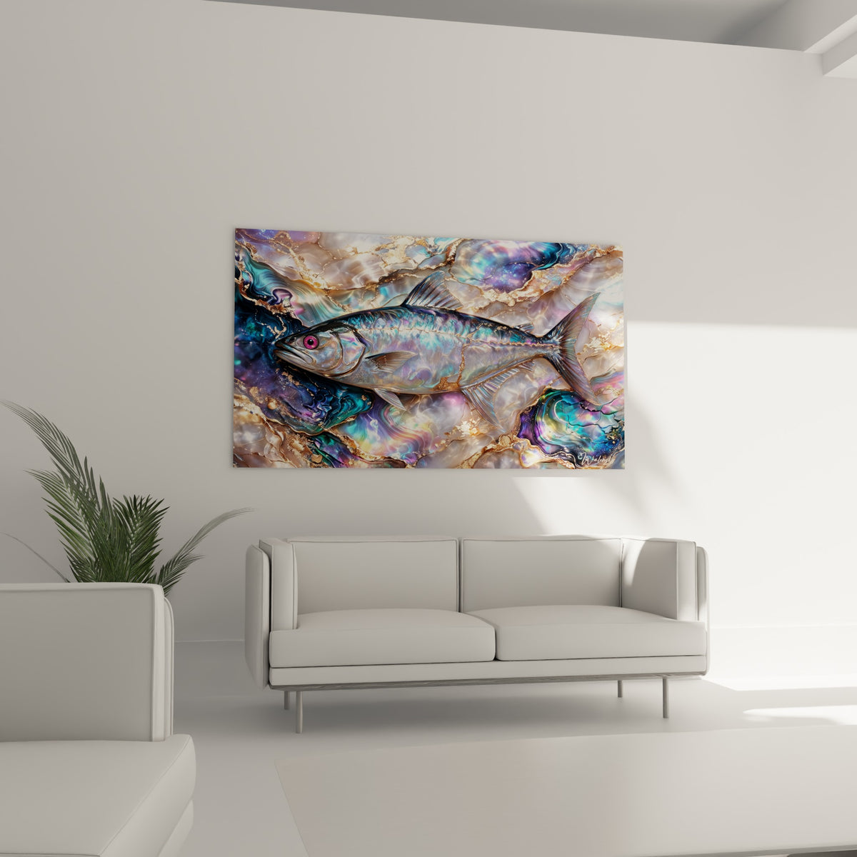 Barracuda irisé turquoise et doré au-dessus d'un canapé dans un salon lumineux