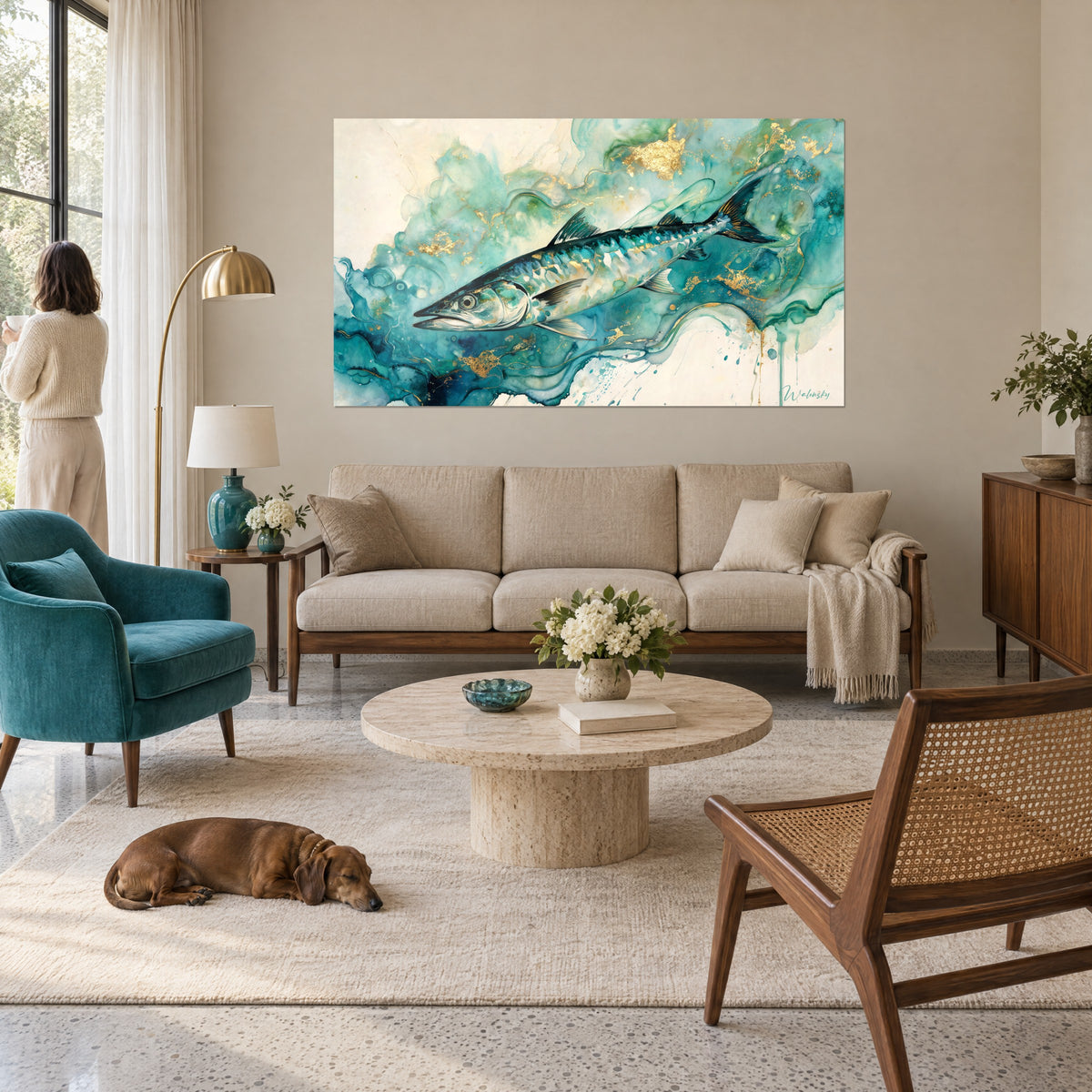 Tableau barracuda argenté nageant dans des volutes turquoise et or sur crème, au-dessus d'un canapé dans un salon lumineux