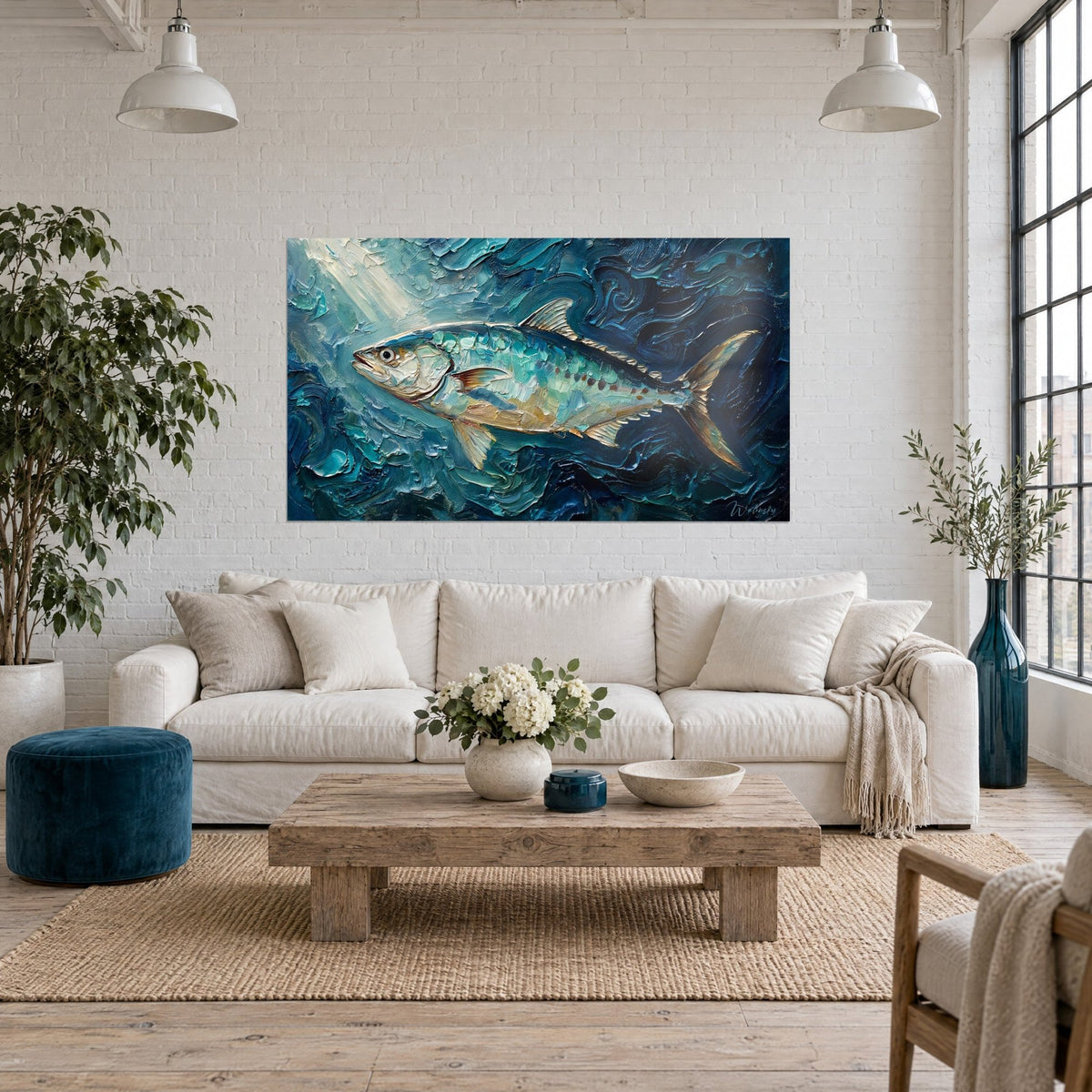 Tableau barracuda doré aux reflets turquoise, empâtements de bleu nuit et rayons de lumière, au-dessus d'un canapé dans un salon lumineux