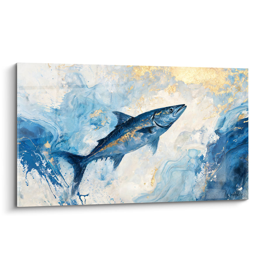 Tableau Barracuda bleu et doré sur marbrure crème - Veines marbrées lumineuses - Edition Barracuda
