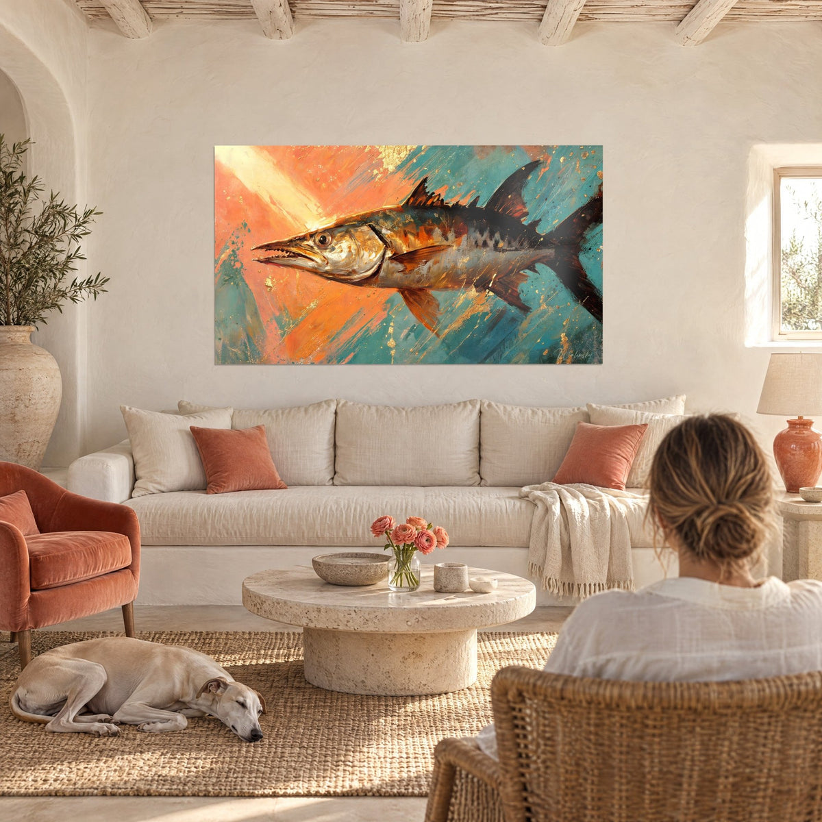 Wall art of a silver barracuda cutting through the water, gold flecks on a coral orange and turquoise background, above a sofa in a bright living room