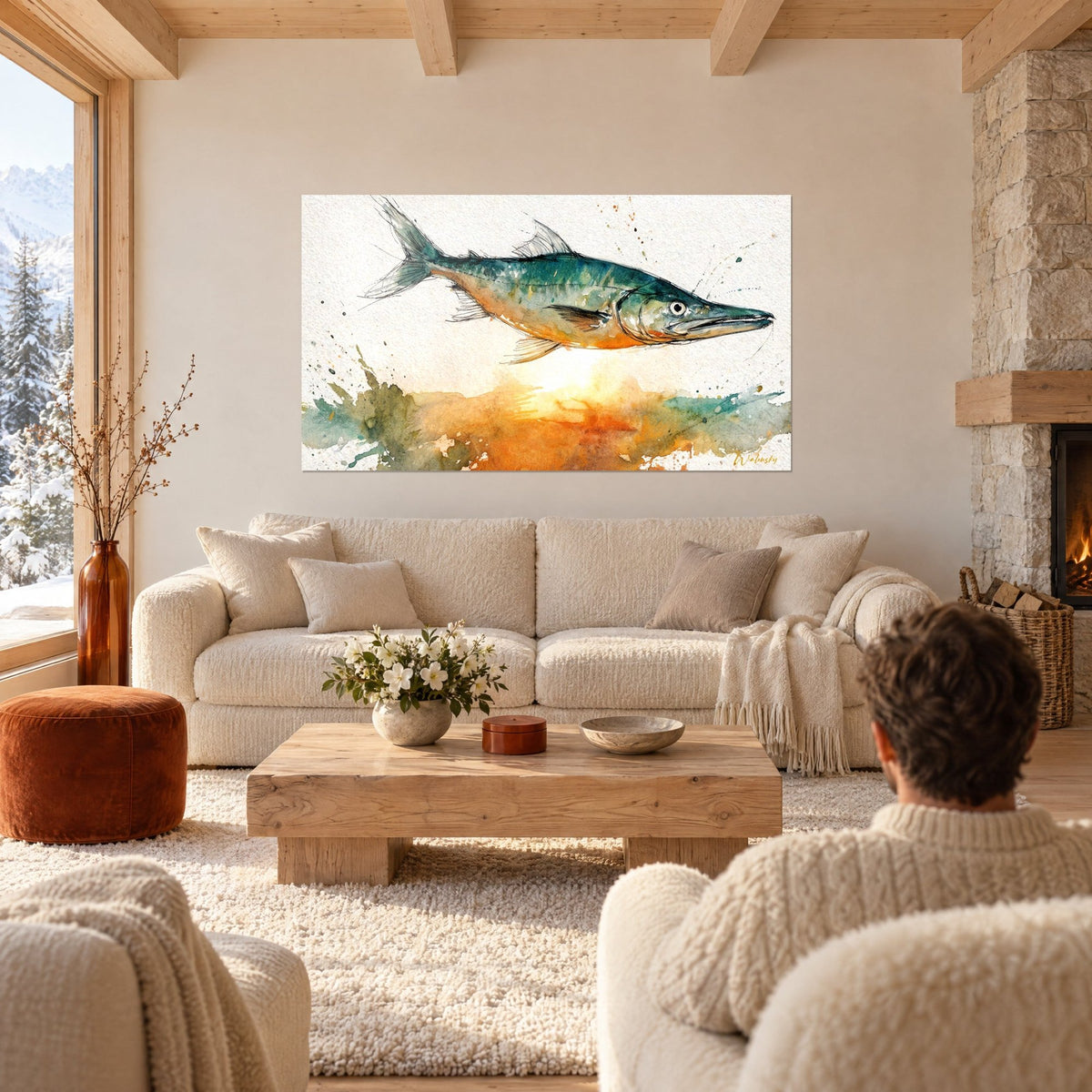 Wall art emerald barracuda with ink-black fins, burnt orange belly and gold splashes, above a sofa in a bright living room