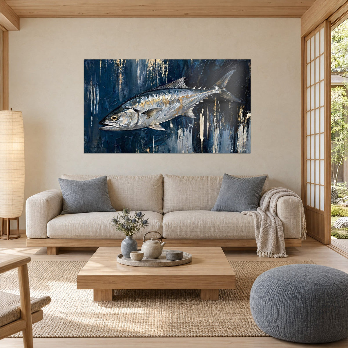 Wall art silver barracuda with thick impasto scales, on a midnight blue background streaked with gold, above a sofa in a bright living room