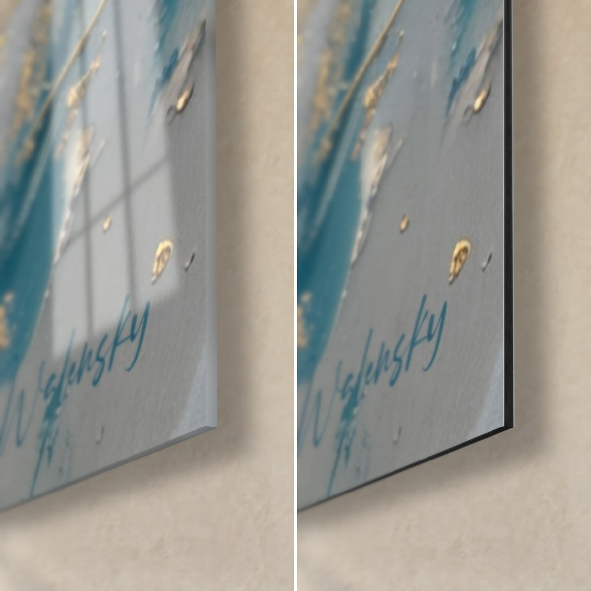 Wall art large fish painted in thick impasto, turquoise and gold lower-right corner, Walensky signature, glossy glass and matte Dibond