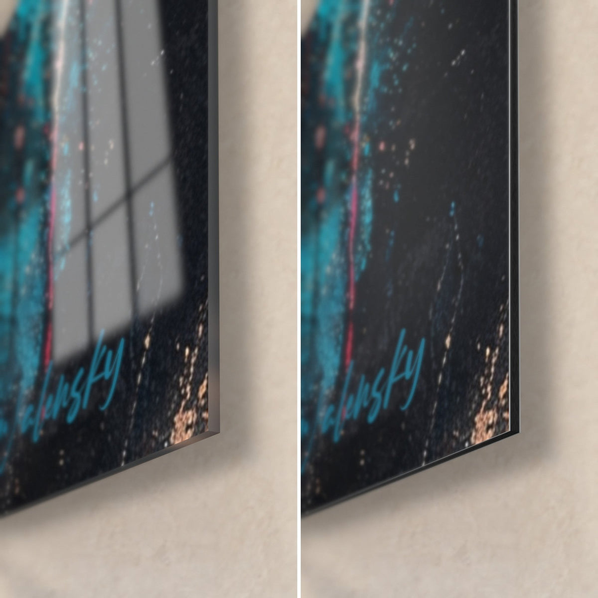Cuadro de un barracuda turquesa, esquina inferior derecha: cristal acrílico brillante a la izquierda, aluminio Dibond negro mate a la derecha, canto de 3 mm