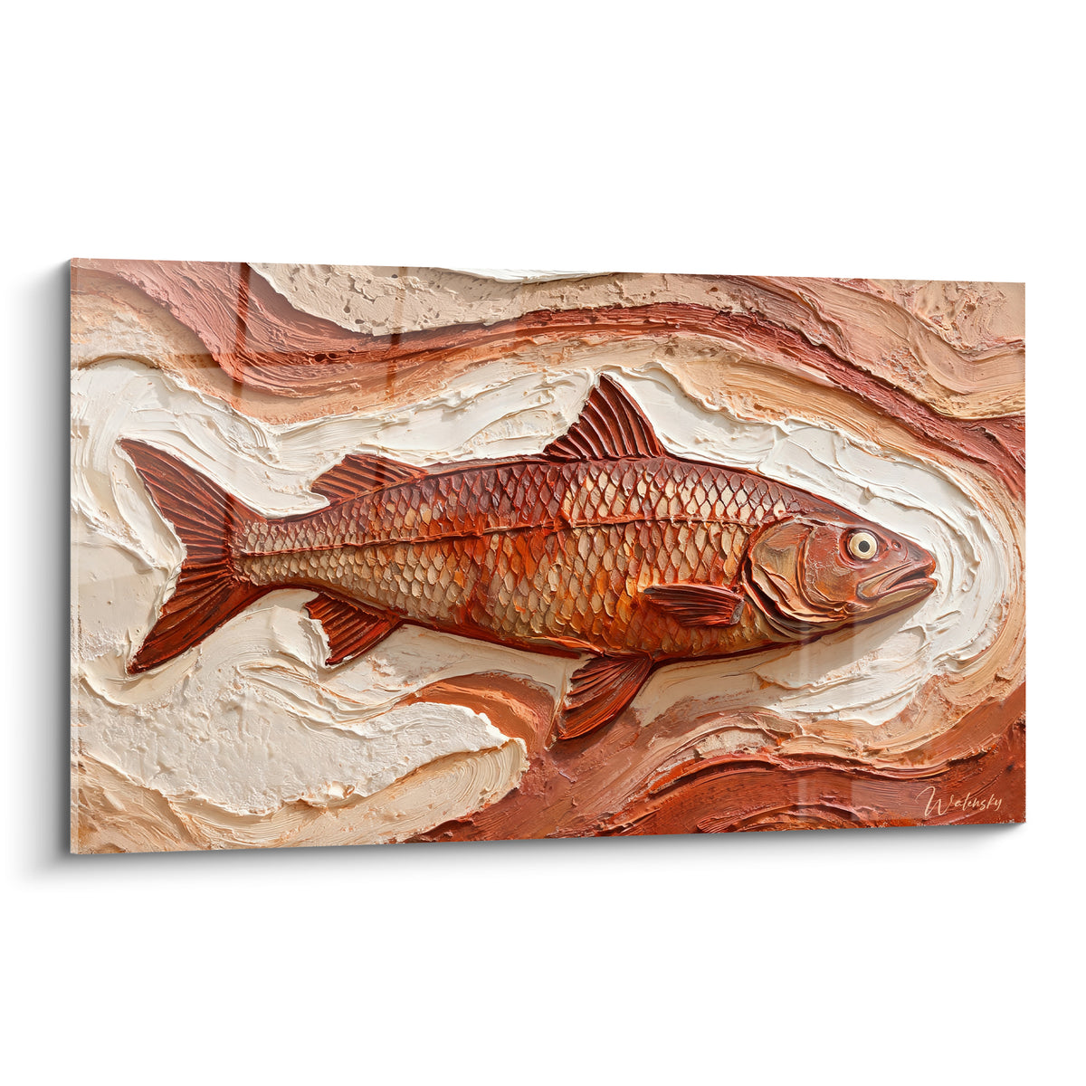Barracuda cuivré sculpté en relief sur fond crème et beige aux vagues texturées