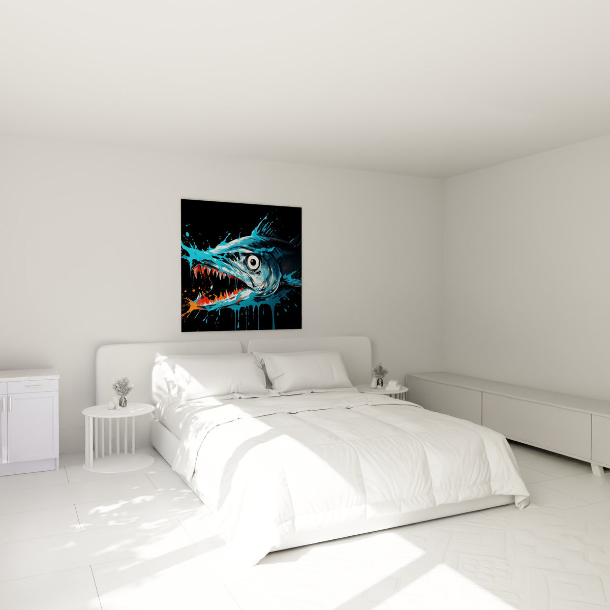 Mâchoire du Barracuda bleu et orange accrochée au-dessus d'un lit dans une chambre claire.