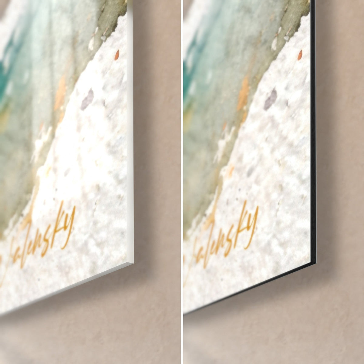 Wall art watercolour barracuda, bottom right corner: glossy acrylic glass on the left, matt black Dibond on the right, orange and turquoise spots