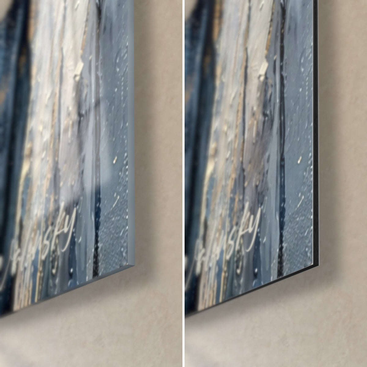 Wall art silver fish in midnight blue and gold palette knife technique, bottom right corner: glossy acrylic glass, matte Dibond, 3 mm edge