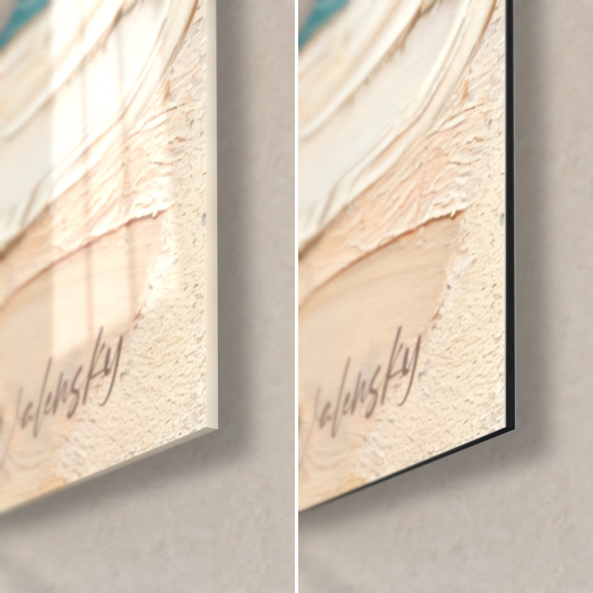 Tableau barracuda aux reflets orange et crème, coin bas droit : verre acrylique brillant à gauche, Dibond mat noir à droite